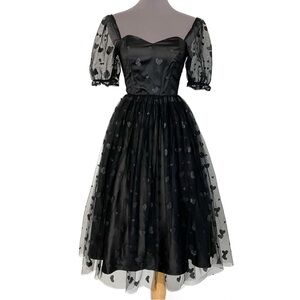 Collectif Black Heart Prom Dress w/ Glitter Tulle & Sweetheart Puff Sleeves US 2